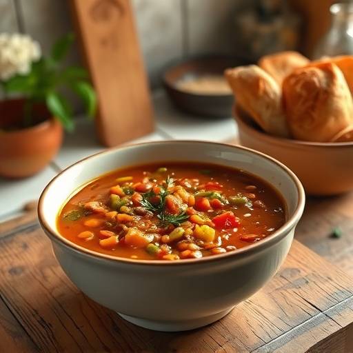 A bowl of Hearty Lentil Soup with a slice of crusty bread on the side.