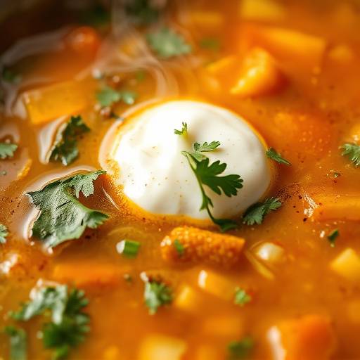 A bowl of steaming vegetarian soup, garnished with herbs and a dollop of yogurt.