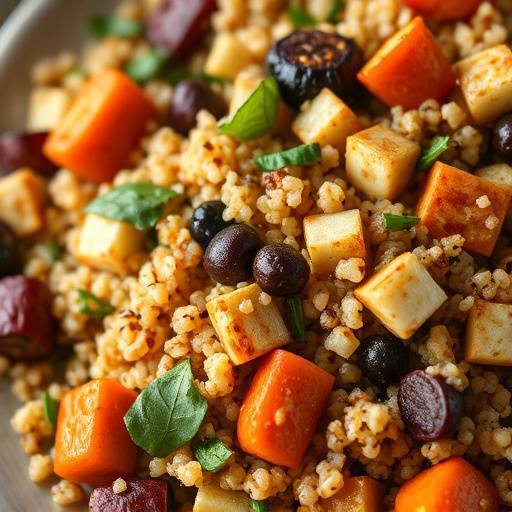 A close up of Roasted Vegetable and Quinoa Salad with balsamic vinaigrette.