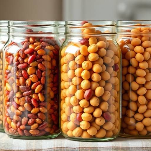 A collection of various legumes, including lentils, chickpeas, and kidney beans, displayed in glass jars.