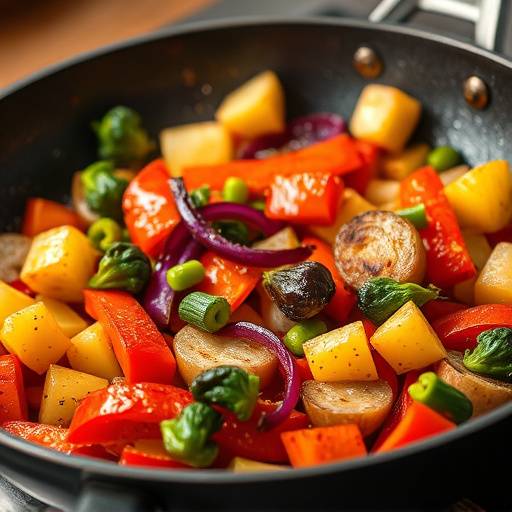 A pan of colorful vegetables being sauteed, showing vibrant colors and textures.