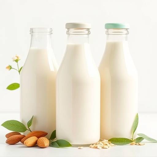 A selection of plant-based milk alternatives, including almond milk, soy milk, and oat milk, displayed in glass bottles.