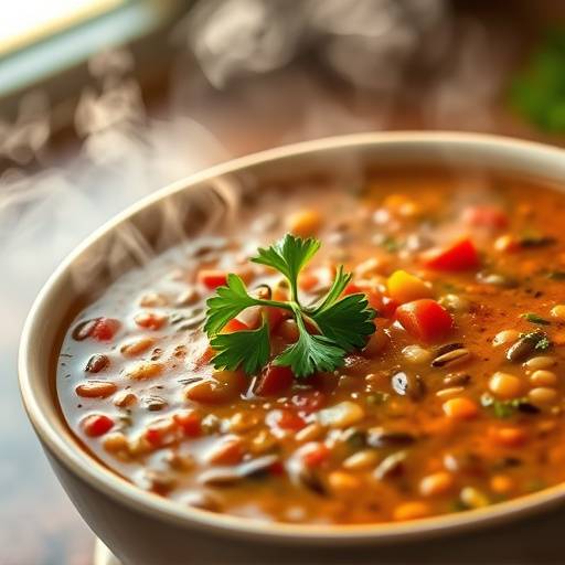 A steaming bowl of Hearty Lentil Soup garnished with fresh parsley.