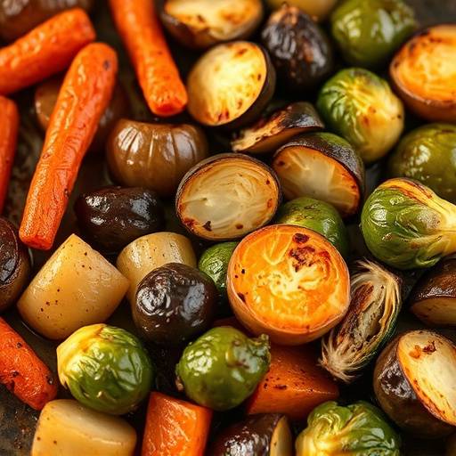 A variety of roasted vegetables, including carrots, potatoes, and Brussels sprouts, showing caramelized edges.