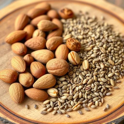 An assortment of nuts and seeds, including almonds, walnuts, chia seeds, and flax seeds, arranged on a wooden board.