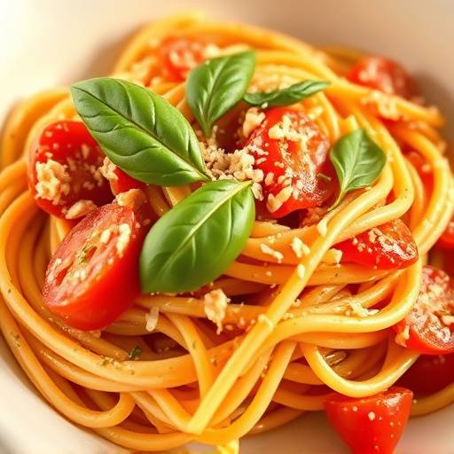 Close-up of Creamy Tomato and Basil Pasta served in a white bowl.