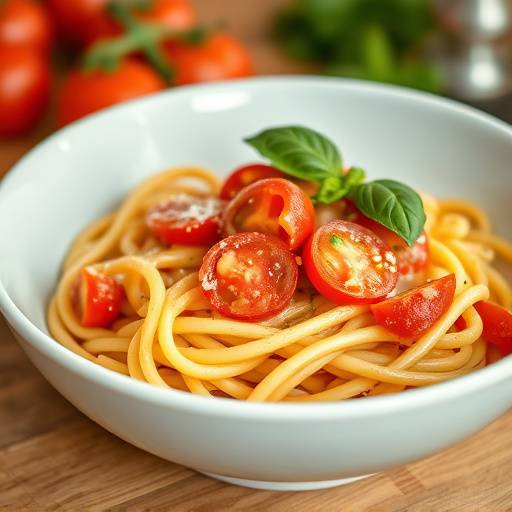 Close-up of Creamy Tomato and Basil Pasta served in a white bowl.