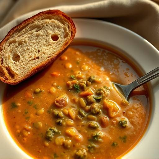 Lentil Soup with crusty bread, a hearty and warming vegetarian soup.