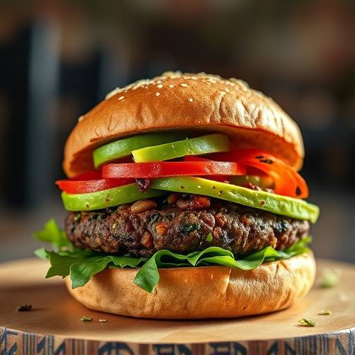 Spicy Black Bean Burgers on a whole wheat bun with avocado and sprouts.