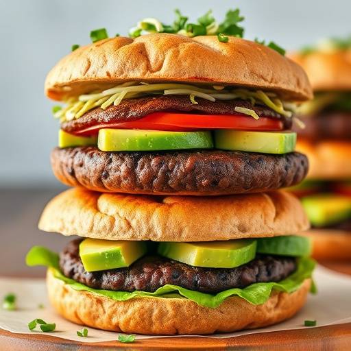 Two Spicy Black Bean Burgers stacked on whole wheat buns with avocado and sprouts.